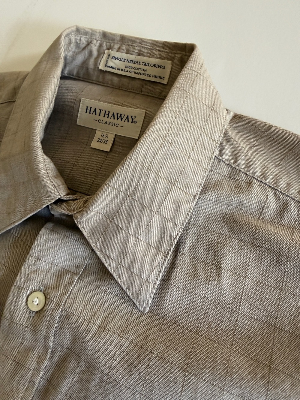 Hathaway Classic Men’s 16½ 34/35 Gray Windowpane 100% Cotton Dress Shirt